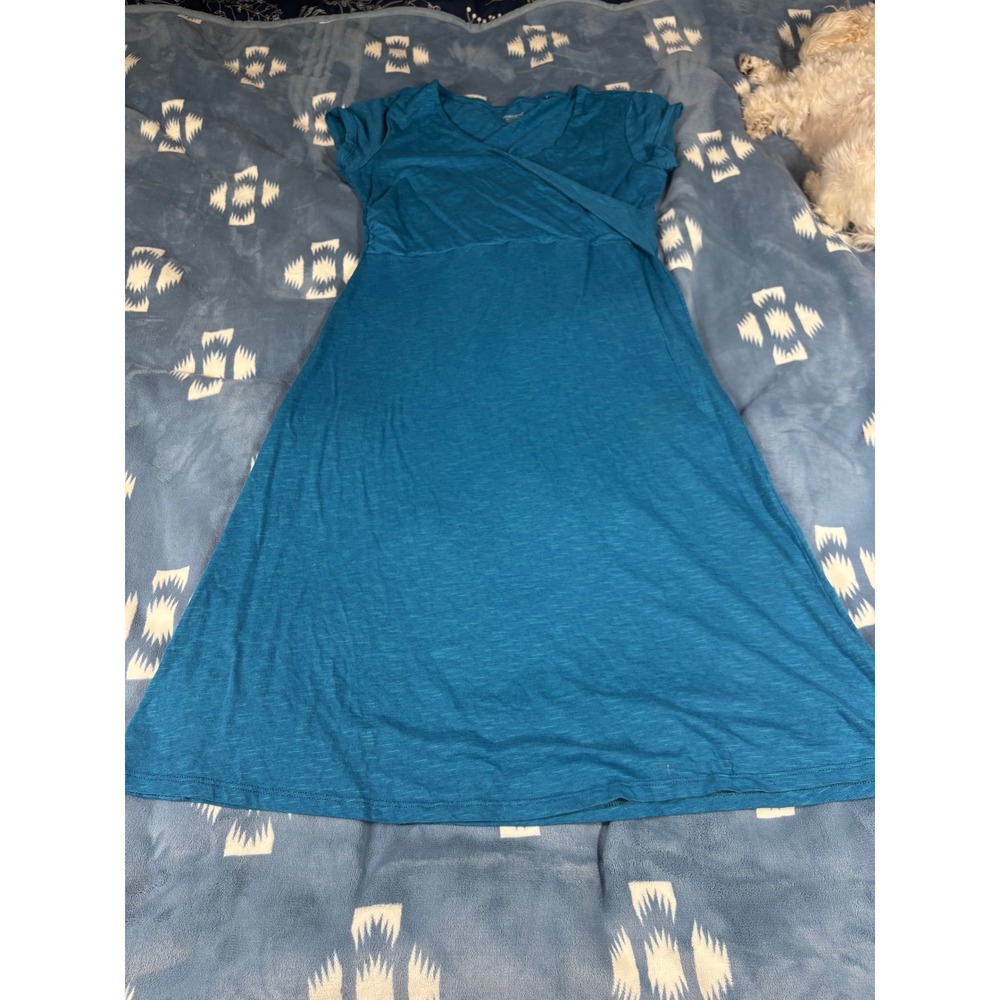 Toad&Co Womens Teal Blue Organic Cotton Tencel Surplice A-Line Midi Dress Medium